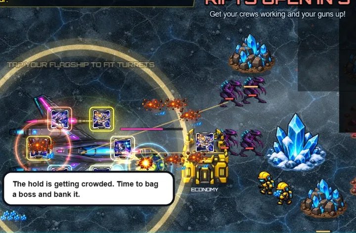 A landed flagship with turret cards fitted, holding off Riftborn on the ground